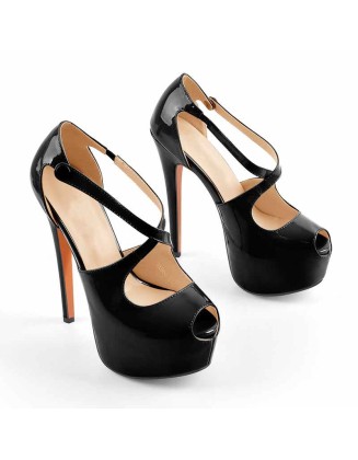 Criss Cross Peep Toe Platform Black High Heels Sandals