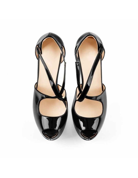 Criss Cross Peep Toe Platform Black High Heels Sandals