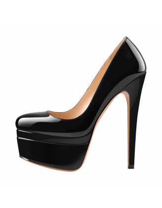 Black Patent Leather Round Toe Double Platform High Heel Pumps