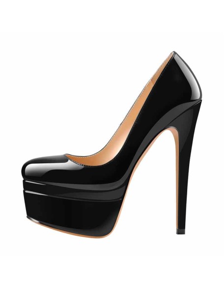 Black Patent Leather Round Toe Double Platform High Heel Pumps