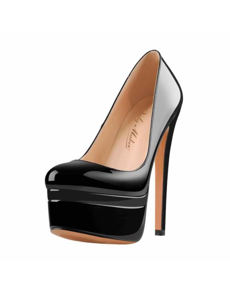 Black Patent Leather Round Toe Double Platform High Heel Pumps