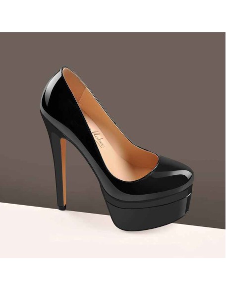 Black Patent Leather Round Toe Double Platform High Heel Pumps