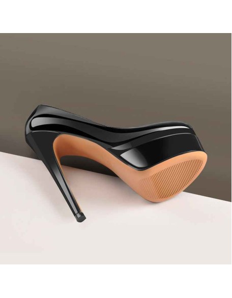 Black Patent Leather Round Toe Double Platform High Heel Pumps