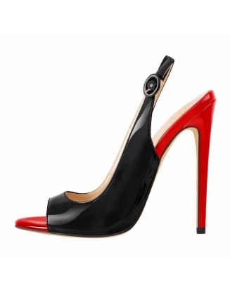 Black Red Peep Toe Thin High Heels Slingback Sandals