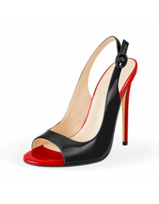 Black Red Peep Toe Thin High Heels Slingback Sandals