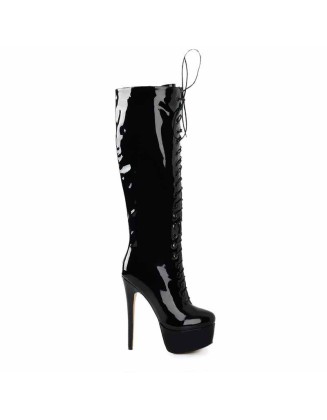 Black Patent Leather Platform Lace Up Over The Knee High Heel Boot