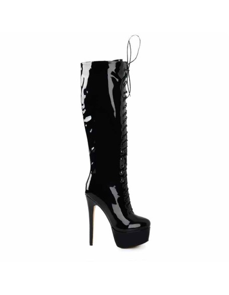 Black Patent Leather Platform Lace Up Over The Knee High Heel Boot