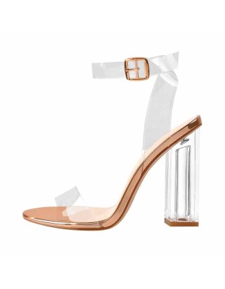 Clear Ankle Strap Perspex Chunky Rose Gold High Heel Sandals