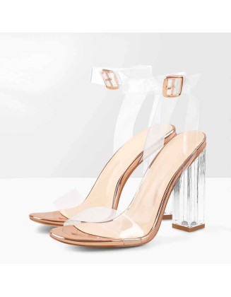 Clear Ankle Strap Perspex Chunky Rose Gold High Heel Sandals