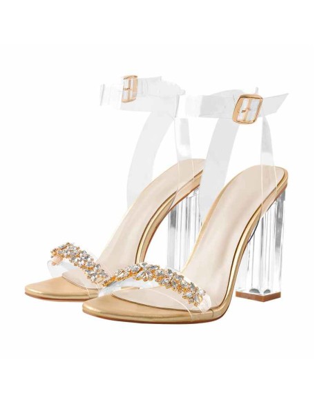 Clear Ankle Strap Perspex Chunky Rose Gold High Heel Sandals