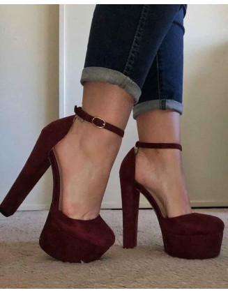 Platform Chunky High Heel Mary Jane Burgundy Pumps