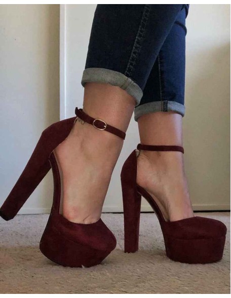 Platform Chunky High Heel Mary Jane Burgundy Pumps