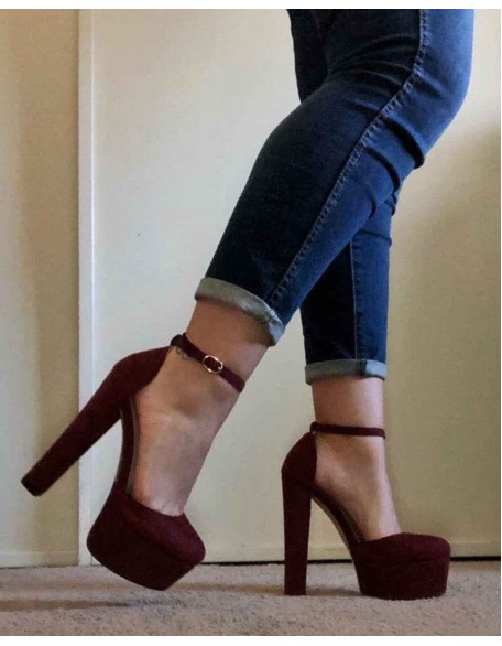 Platform Chunky High Heel Mary Jane Burgundy Pumps