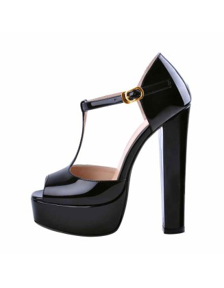 T Strap Peep Toe Platform Patent Chuncky High Heel Sandals