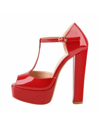 T Strap Peep Toe Platform Patent Chuncky High Heel Sandals