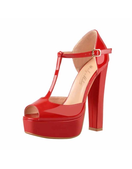T Strap Peep Toe Platform Patent Chuncky High Heel Sandals