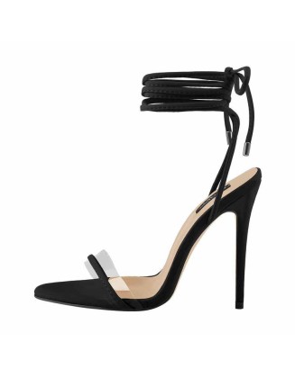 Lace up Clear Band Black Suede High Heels Sandals