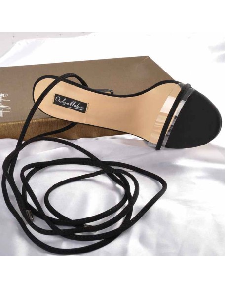 Lace up Clear Band Black Suede High Heels Sandals