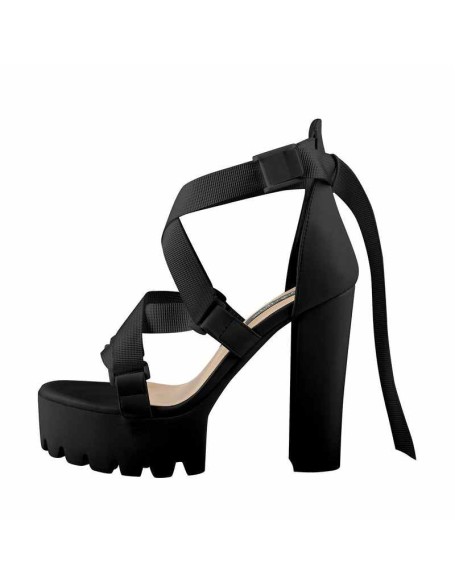 Open Toe Black Cross Strap Platform Block Heel Sandals