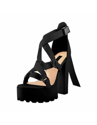 Open Toe Black Cross Strap Platform Block Heel Sandals