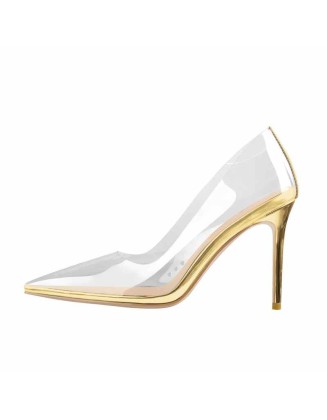 Transparent Pointed Toe Slip on Gold High Heel Stiletto Pumps