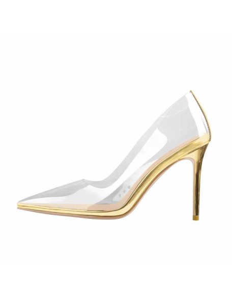 Transparent Pointed Toe Slip on Gold High Heel Stiletto Pumps