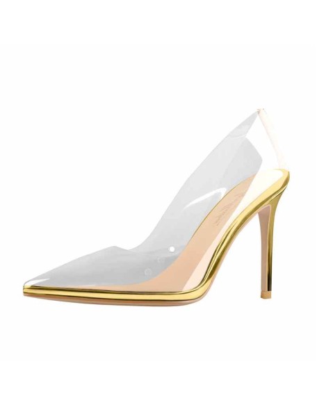 Transparent Pointed Toe Slip on Gold High Heel Stiletto Pumps