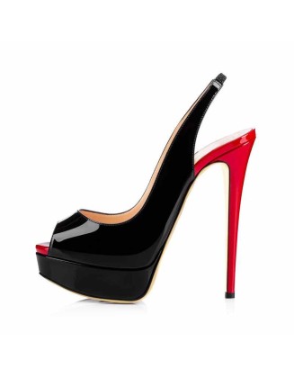 Platform High Heel Peep Toe Black-Red Slingback Sandals
