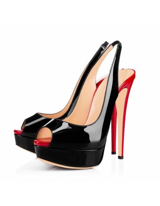 Platform High Heel Peep Toe Black-Red Slingback Sandals