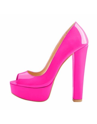 Peep Toe Platform Rose Red Chunky High Heel Pumps