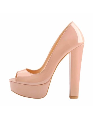 Peep Toe Platform Rose Red Chunky High Heel Pumps