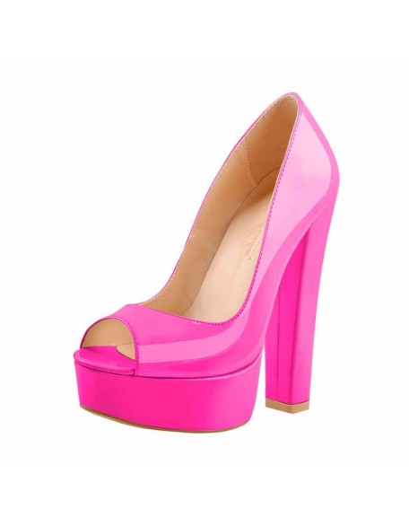 Peep Toe Platform Rose Red Chunky High Heel Pumps