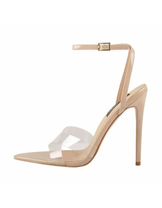 Clear Cross Band Pointy Open Toe Beige High Heel Sandals