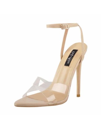 Clear Cross Band Pointy Open Toe Beige High Heel Sandals