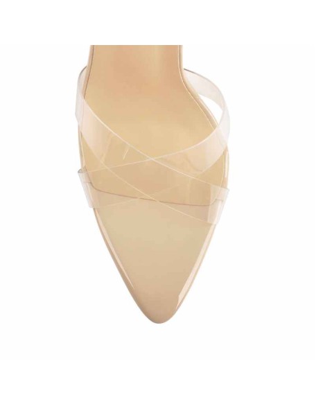 Clear Cross Band Pointy Open Toe Beige High Heel Sandals