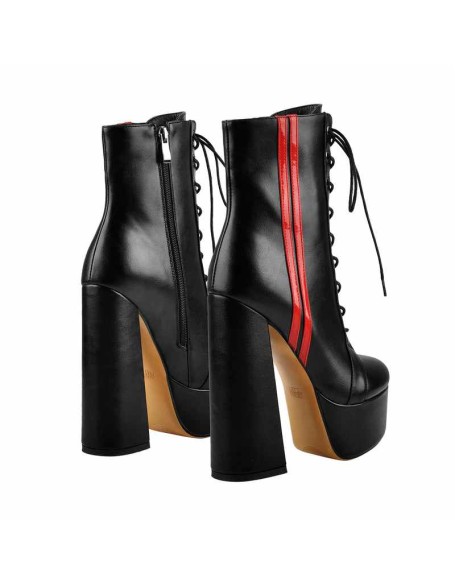 Lace Up Platform Round Toe Side Red Stripes Chunky Heels Ankle Boots