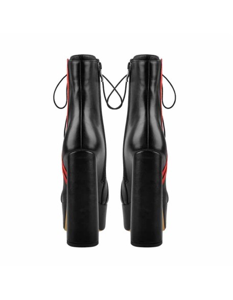 Lace Up Platform Round Toe Side Red Stripes Chunky Heels Ankle Boots