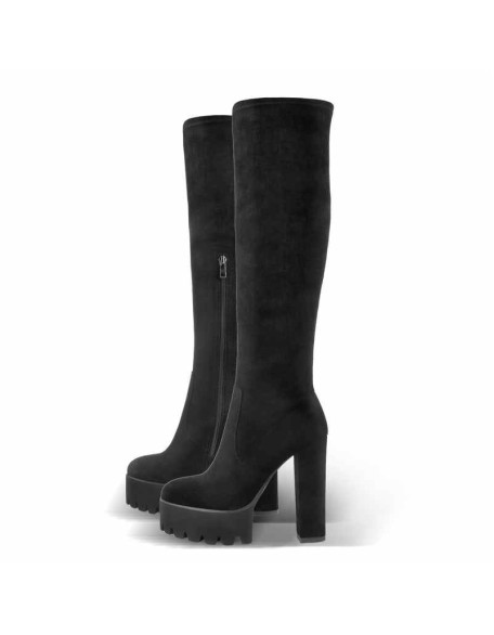 Platform Chunky Heels Round Toe Black Suede Over The Knee Boots