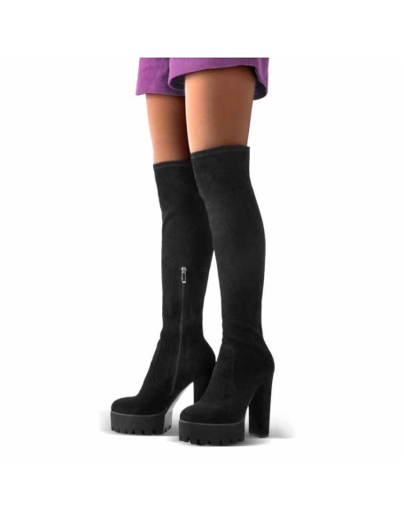 Platform Chunky Heels Round Toe Black Suede Over The Knee Boots