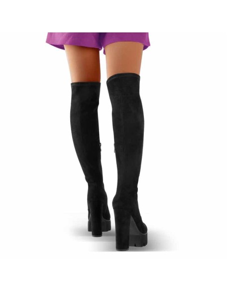 Platform Chunky Heels Round Toe Black Suede Over The Knee Boots