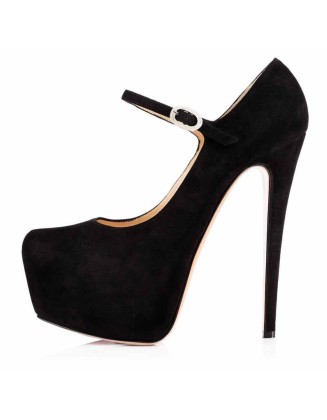 Mary Jane Platform Black Suede Pointed Toe Stiletto High Heels Pumps
