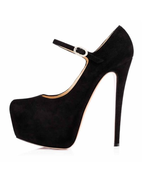Mary Jane Platform Black Suede Pointed Toe Stiletto High Heels Pumps