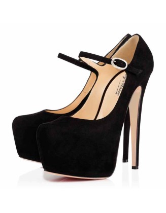 Mary Jane Platform Black Suede Pointed Toe Stiletto High Heels Pumps