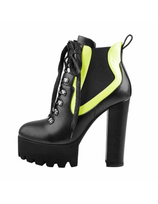 Round Toe Platform Chunky Heels Stitching Stretch Ankle Boots