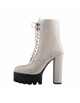 Round Toe Platform Lace Up Boots Silver Mesh Chunky Heels Ankle Booties