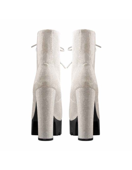 Round Toe Platform Lace Up Boots Silver Mesh Chunky Heels Ankle Booties