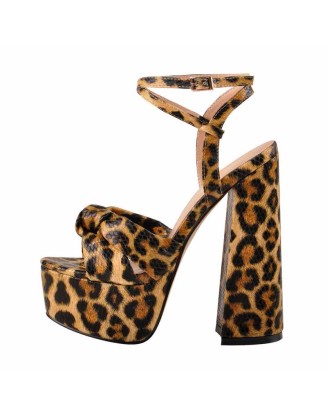 Platform Open Toe Leopard Print Ankle Strap Block Chunky Sandals
