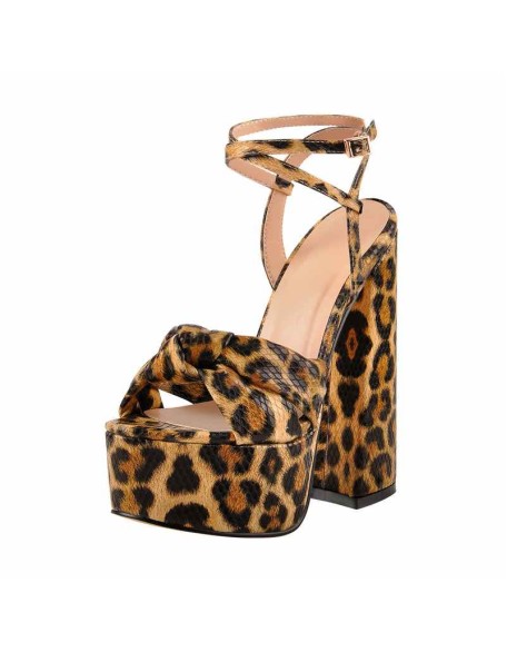 Platform Open Toe Leopard Print Ankle Strap Block Chunky Sandals