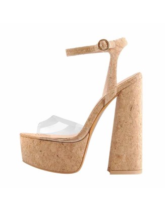 Platform Open Toe Wood Grain Ankle Strap Block Chunky Sandals