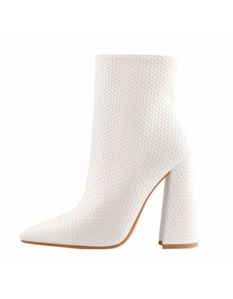 White Woven Pattern Back Zipper Squre Chunky Heel Ankle Boots